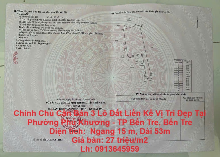 Chính Chủ Cần Bán 3 Lô Đất Liền Kề Vị Trí Đẹp Tại Phường Phú Khương – TP Bến Tre, Bến Tre